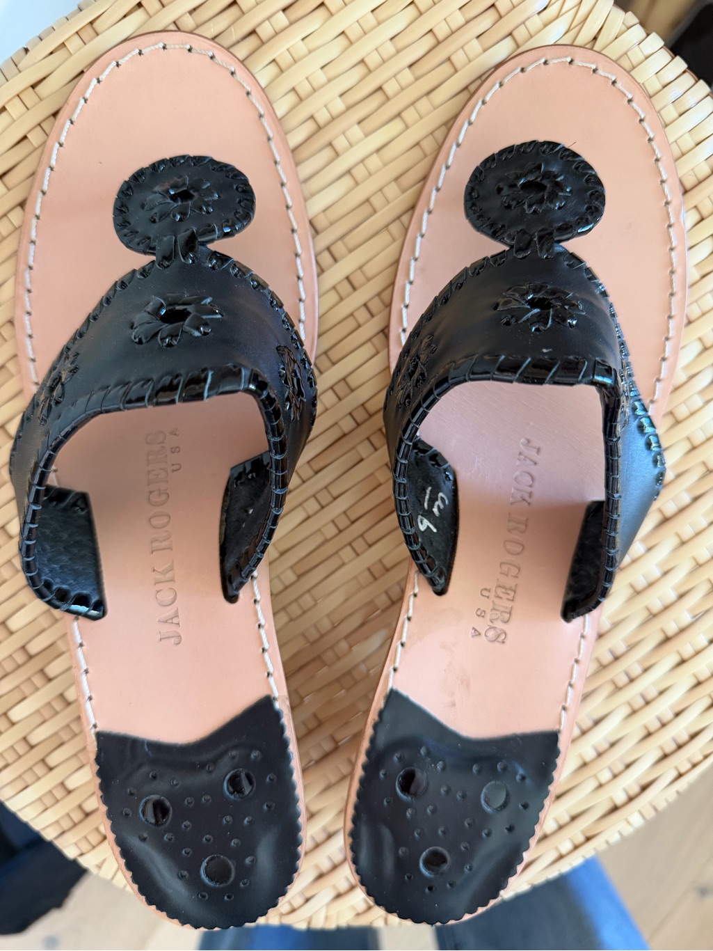 Jack Rogers Black Patent Leather Slide Sandals With Tan Footbed